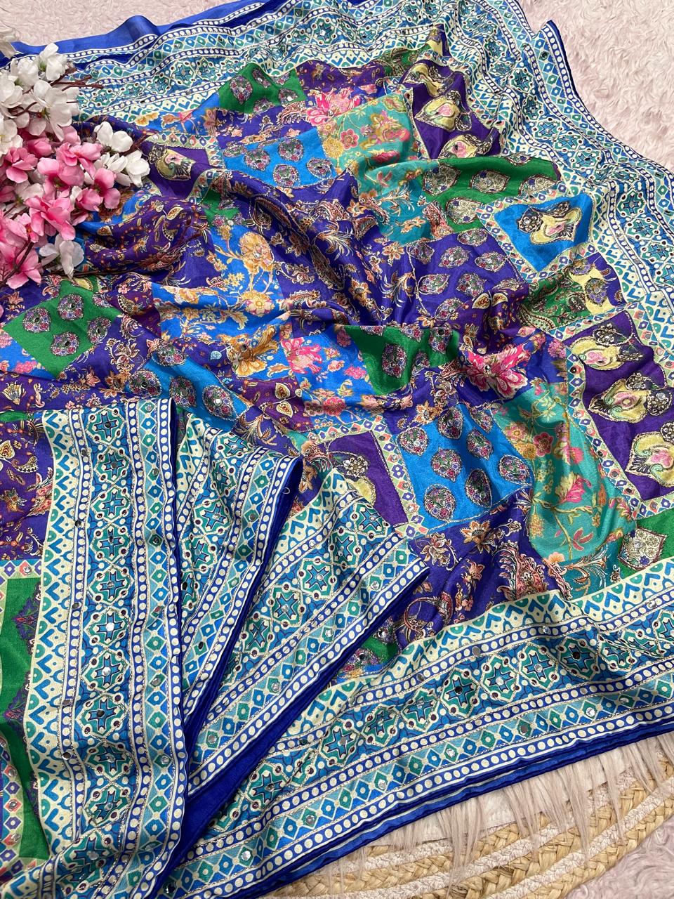 Digital Print Saree with Intricate Aari Work and Original Mirror Work